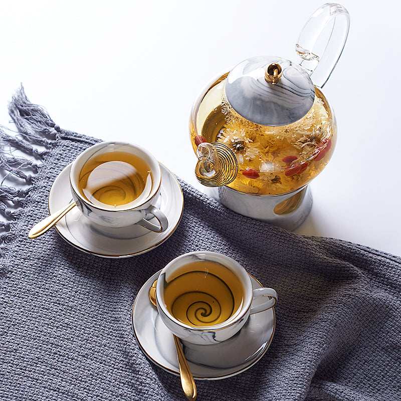 Rimiero Marbling Porcelain Tea/Coffee Set with Candle Warmer - Venetto Design Venettodesign.com