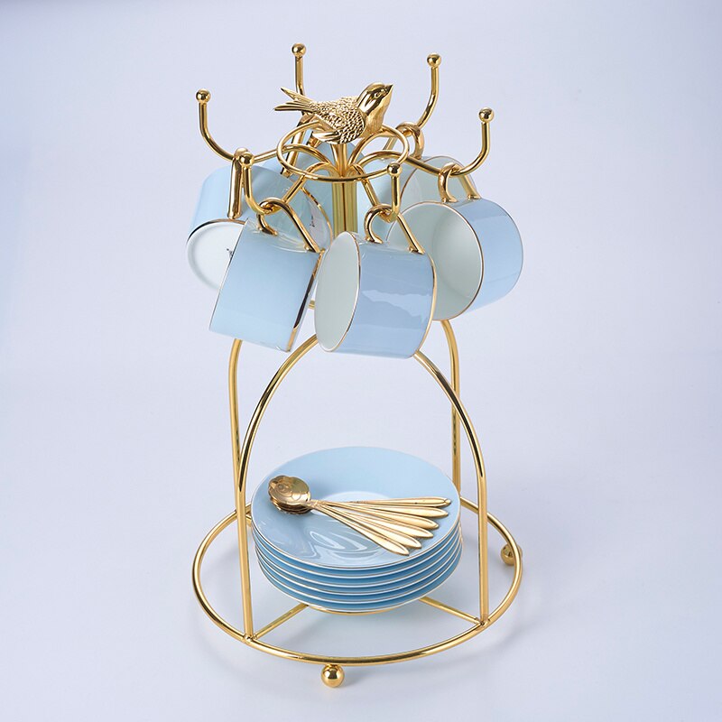 Madaluza Luxury Gold Blue Bone China Tea/Coffee Set - Venetto Design 6Cups & Birdcage Venettodesign.com
