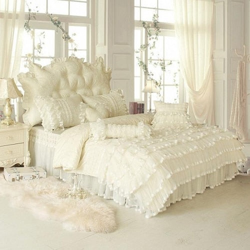 Aaliyah Triple Layered Ruffled Cotton And Lace Duvet Cover And Bed Skirt Set Duvet Cover Set - Venetto Design Beige / Twin | 4 Pieces Venettodesign.com