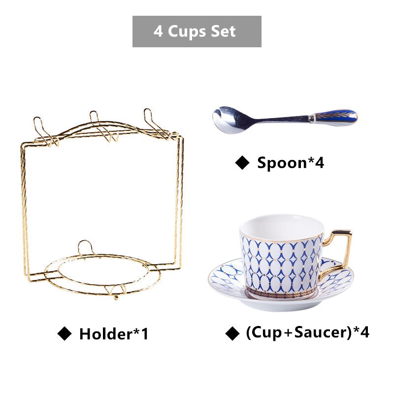 Arkanola Gold Inlay Porcelain Bone China Tea/Coffee Set - Venetto Design 4Cups n Holder Blue Venettodesign.com