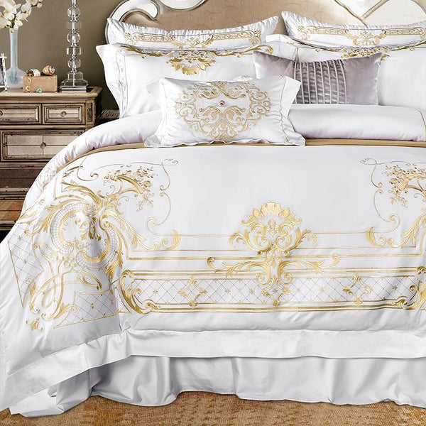 DeLuxxe White Embroidered Luxury Egyptian Cotton Bedding Set