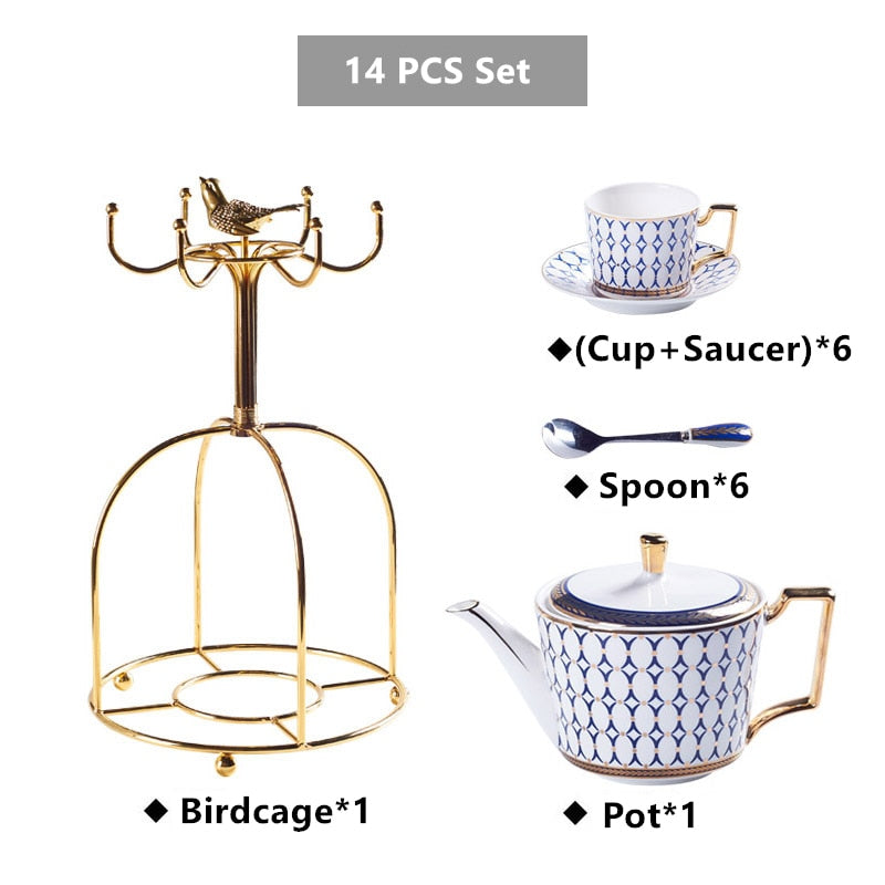 Arkanola Gold Inlay Porcelain Bone China Tea/Coffee Set - Venetto Design 14PCS Set Blue Venettodesign.com