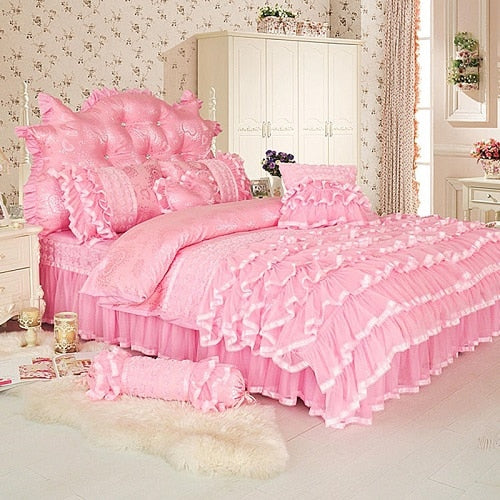 Aaliyah Triple Layered Ruffled Cotton And Lace Duvet Cover And Bed Skirt Set Duvet Cover Set - Venetto Design Pink / Twin | 4 Pieces Venettodesign.com
