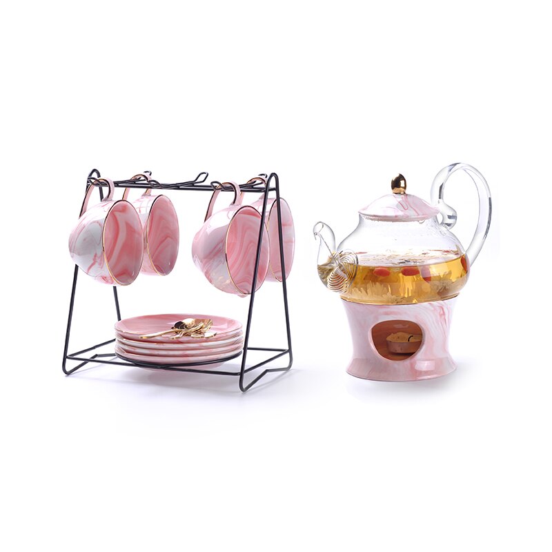 Rimiero Marbling Porcelain Tea/Coffee Set with Candle Warmer - Venetto Design Pink 4 Cups & HolderPot Venettodesign.com