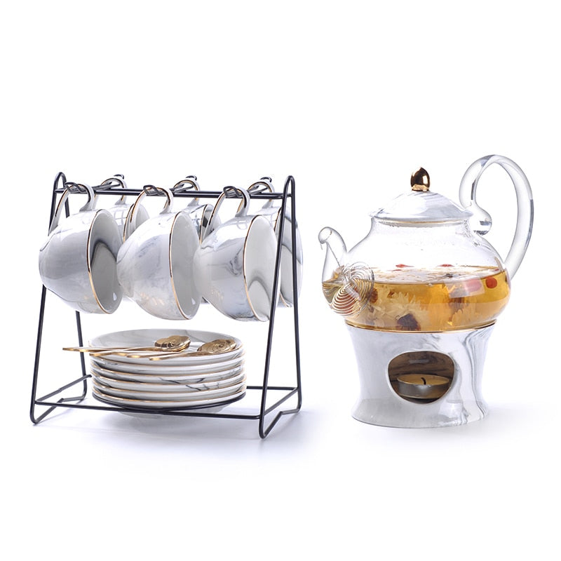 Rimiero Marbling Porcelain Tea/Coffee Set with Candle Warmer - Venetto Design Gray Full Set Venettodesign.com