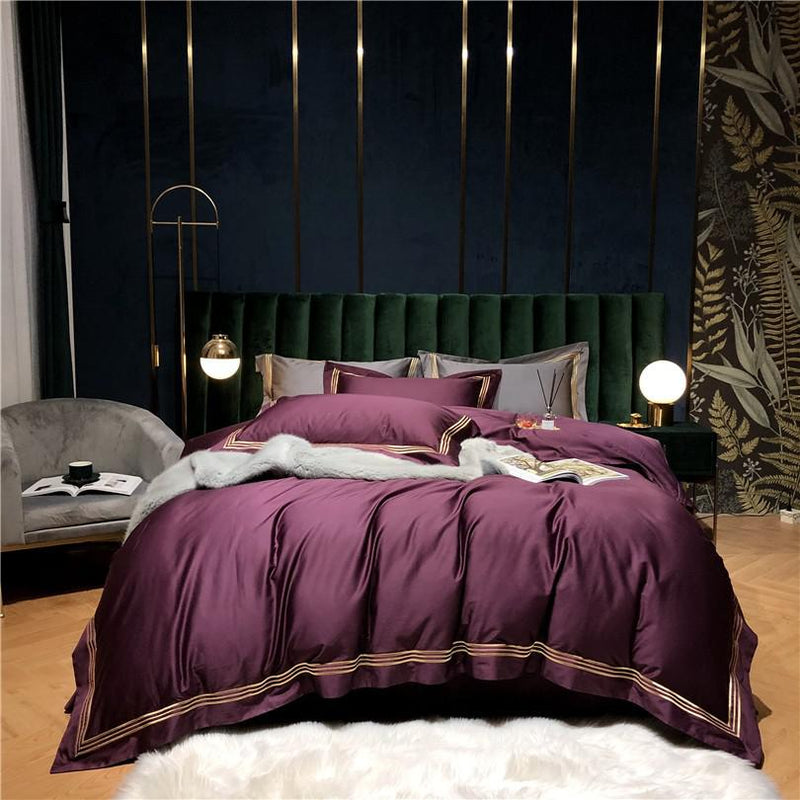 Victoria Embroidered Lined Border Egyptian Cotton Duvet Cover Set Duvet Cover Set - Venetto Design Color 8 / Flat Bed Sheet / Queen size 4Pcs Venettodesign.com