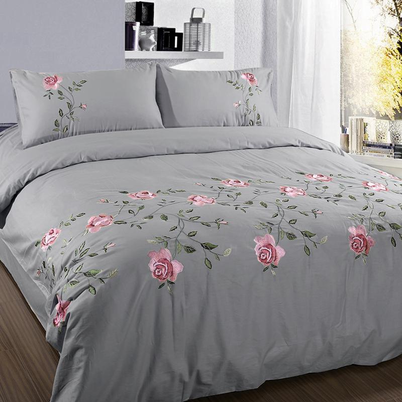 Ruzanna Flowers Embroidered Cotton Soft Bedding set Duvet Cover Set - Venetto Design Grey / Full | 4 Pieces Venettodesign.com