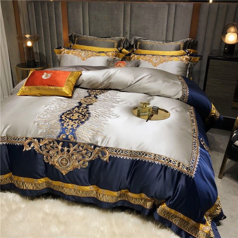 Daniella Blue Damask Embroidered Satin Egyptian Cotton Duvet Cover Set Duvet Cover Set - Venetto Design Venettodesign.com