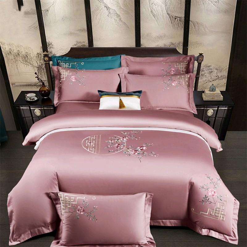 Pink Embroidery Flower Luxury Bedding Set Egyptian Cotton Queen