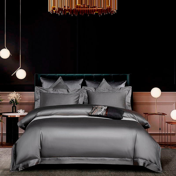 Leila Grey Embroidered Edge Egyptian Cotton Duvet Cover Set Duvet Cover Set - Venetto Design Queen / Flat Sheet / 4 Pieces Venettodesign.com