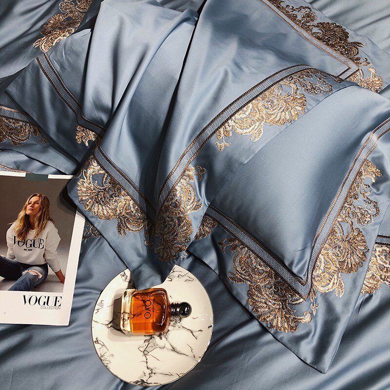 Emer Gold Embroidered Panel Egyptian Cotton Duvet Cover Set Duvet Cover Set - Venetto Design Venettodesign.com
