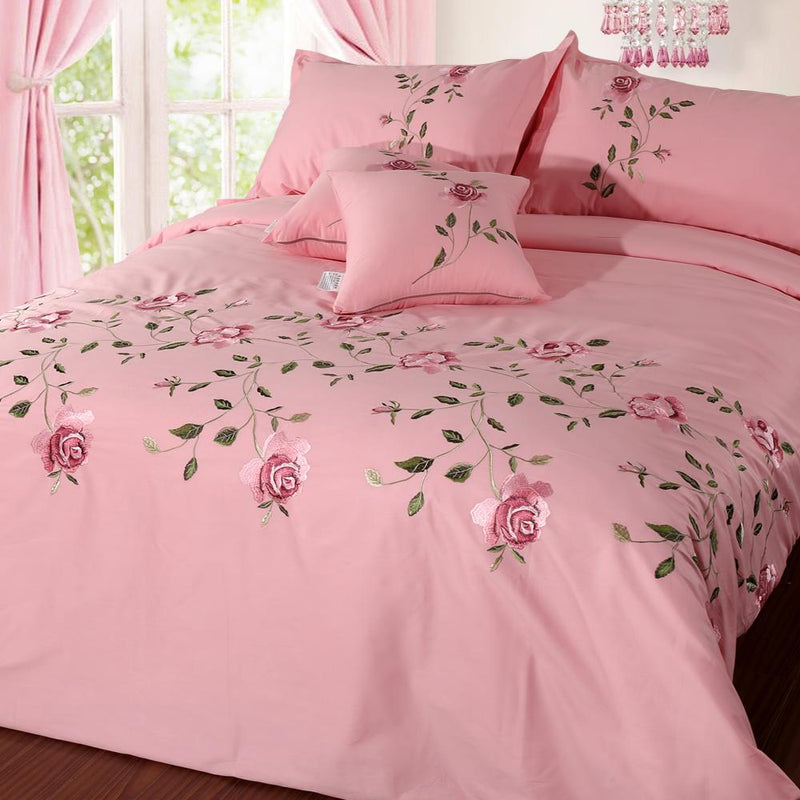 Ruzanna Flowers Embroidered Cotton Soft Bedding set Duvet Cover Set - Venetto Design Pink / Full | 4 Pieces Venettodesign.com