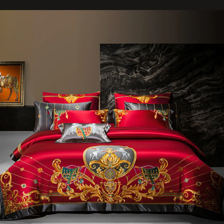 Niki Red Luxury Egyptian Cotton Satin Duvet Cover Set with Ornamental Embroidery - Venetto Design Venettodesign.com