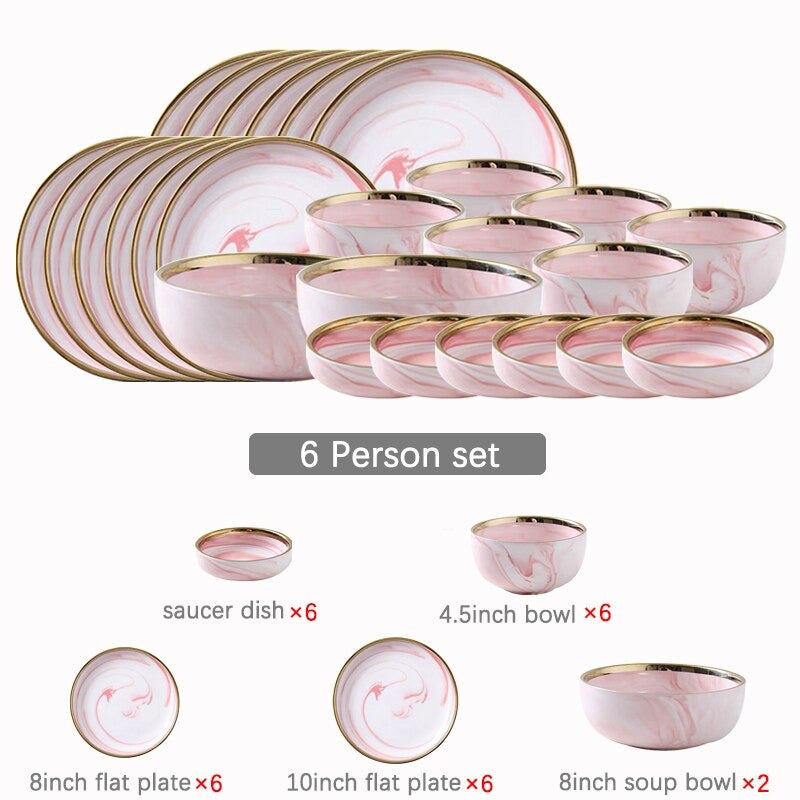 Catalina Pink Marble Luxury Dinnerware Set Plate - Venetto Design 6 Person Set Venettodesign.com