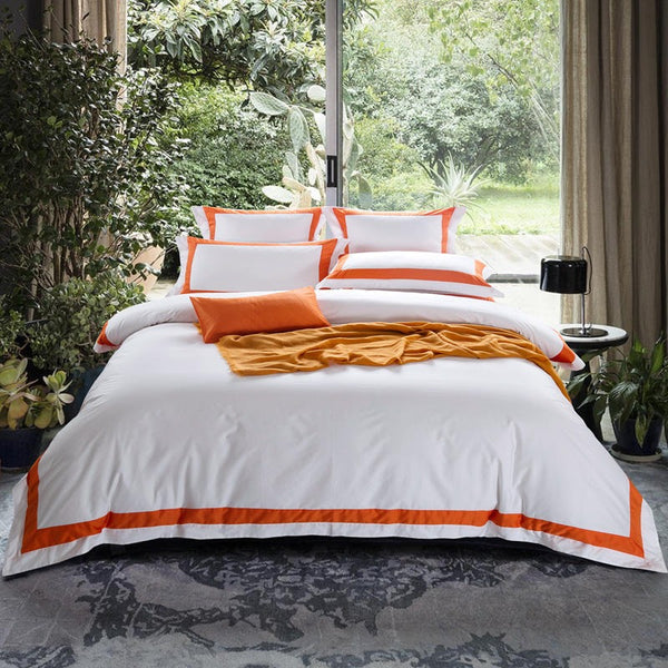 Degella Orange Stripe Egyptian Cotton Luxury White Duvet Cover Set Duvet Cover Set - Venetto Design Queen / Flat Sheet / 4 Pieces Venettodesign.com