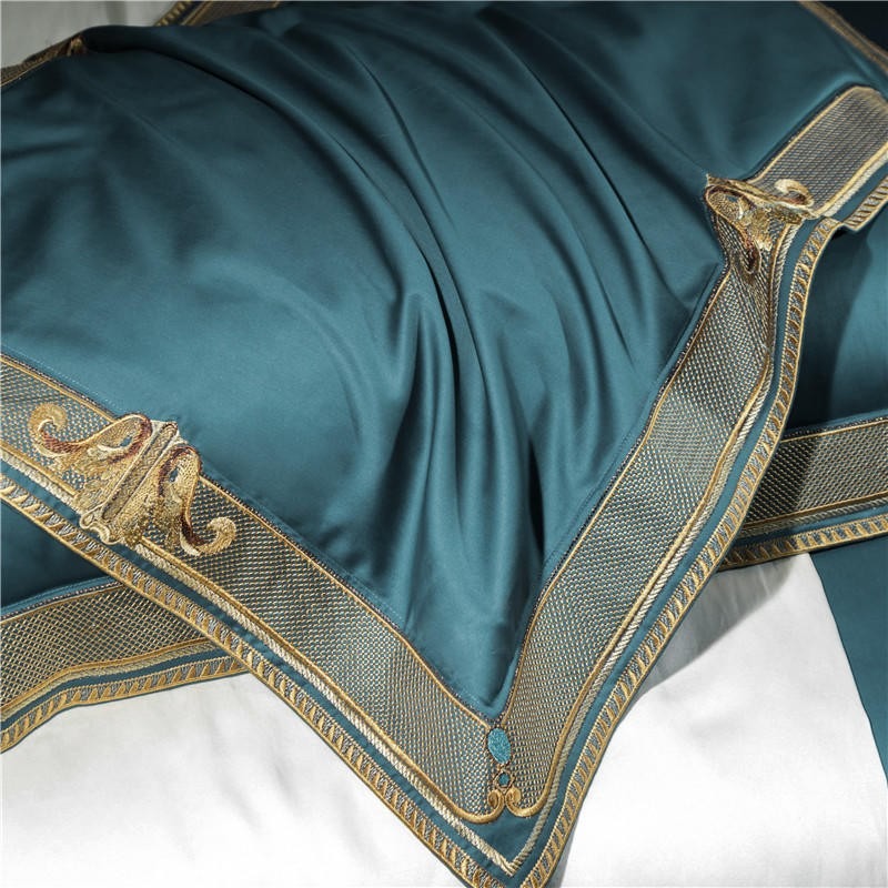 Anahi Teal Blue Embroidered Motif Border Egyptian Cotton Duvet Cover Set Duvet Cover Set - Venetto Design Venettodesign.com