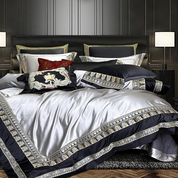 Lisa Silver Embroidered Jacquard Satin Duvet Cover Set Duvet Cover Set - Venetto Design Venettodesign.com