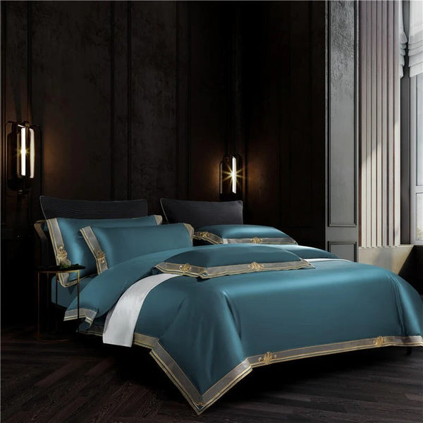 Anahi Teal Blue Embroidered Motif Border Egyptian Cotton Duvet Cover Set Duvet Cover Set - Venetto Design Venettodesign.com
