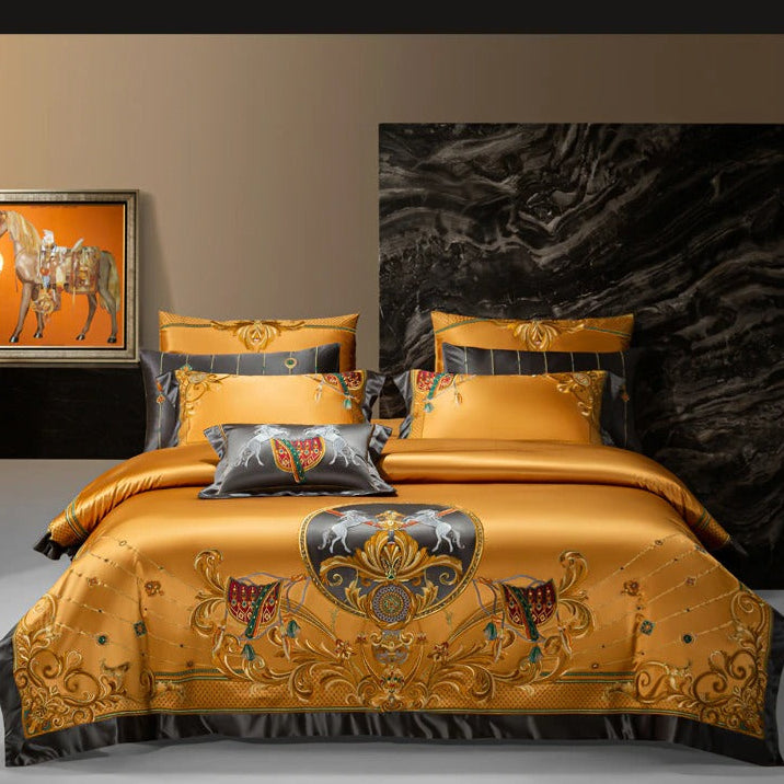Niki Gold Luxury Egyptian Cotton Satin Duvet Cover Set with Ornamental Embroidery - Venetto Design Venettodesign.com