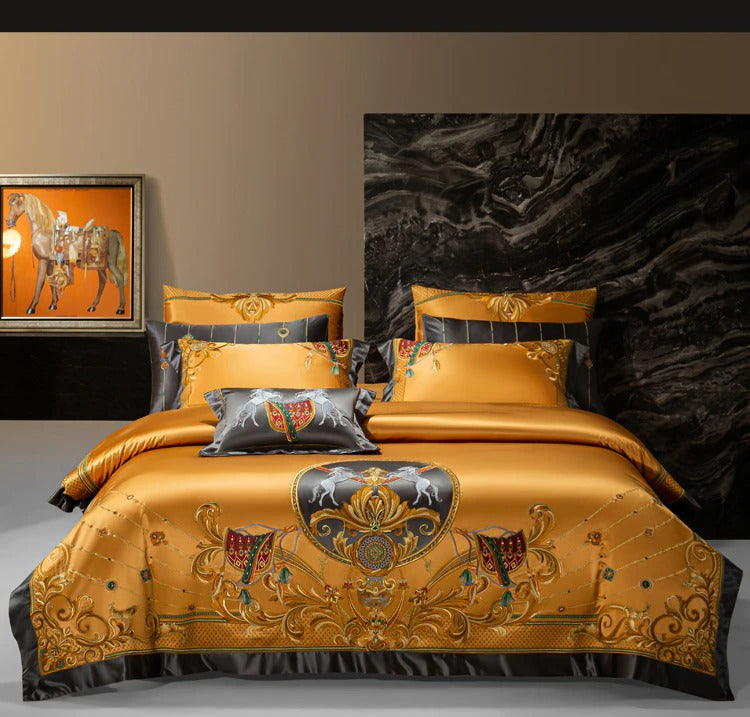 Niki Gold Egyptian Cotton Embroidered Duvet Cover Set Duvet Cover Set - Venetto Design Queen | 4 Pieces Venettodesign.com