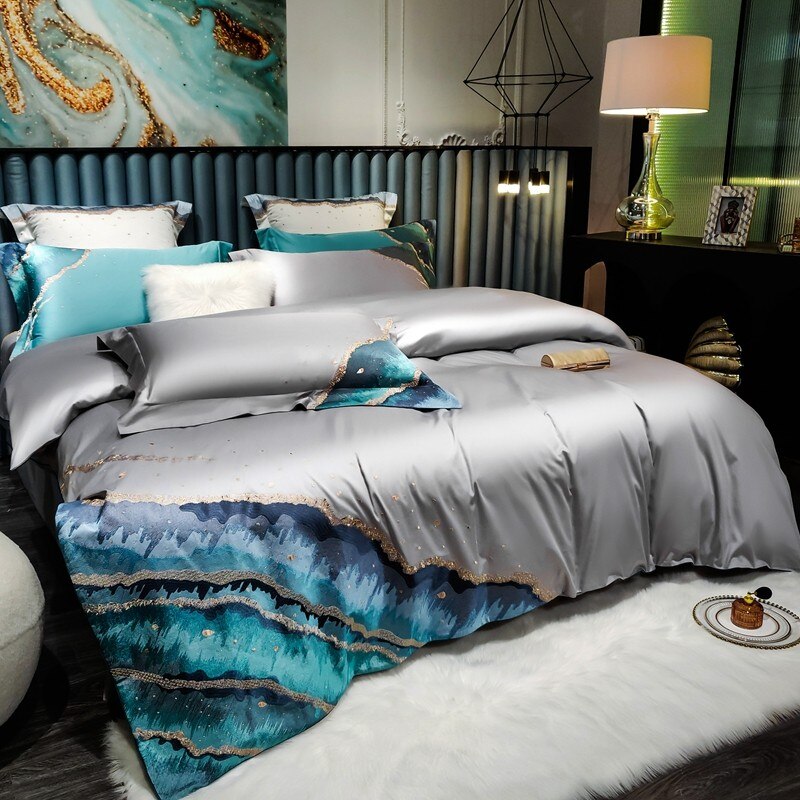 Marmoris Marble Embroidery Egyptian Cotton Duvet Cover Set Duvet Cover Set - Venetto Design Venettodesign.com