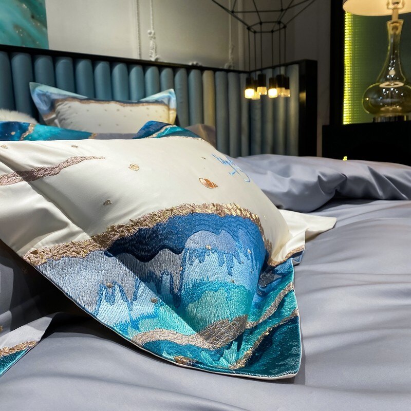 Marmoris Marble Embroidery Egyptian Cotton Duvet Cover Set Duvet Cover Set - Venetto Design Venettodesign.com