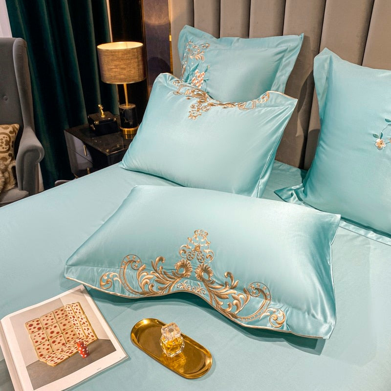 Domitia Flemish Sky Embroidery Egyptian Cotton Duvet Cover Set Duvet Cover Set - Venetto Design Venettodesign.com