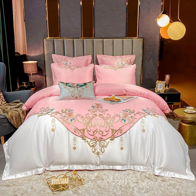 Domitia Canyon Pink Embroidery Egyptian Cotton Duvet Cover Set Duvet Cover Set - Venetto Design Queen - 4 Pieces / Fitted Sheet Venettodesign.com