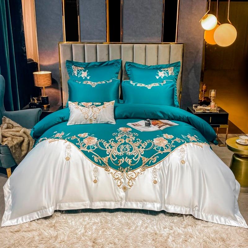 Luxury Bedding Set 100% Egyptian Cotton Lace Embroidery Duvet Cover Elastic  Band Bed Sheet Flat Sheet Pillowcase Soft Bed Sets