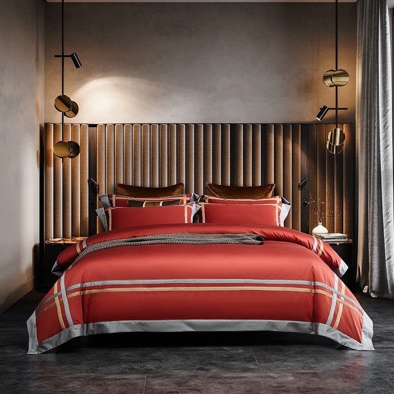 Julija Modern Contrasting Two Stripe Egyptian Cotton Duvet Cover Set Duvet Cover Set - Venetto Design Burgundy / Double / Flat Sheet Venettodesign.com