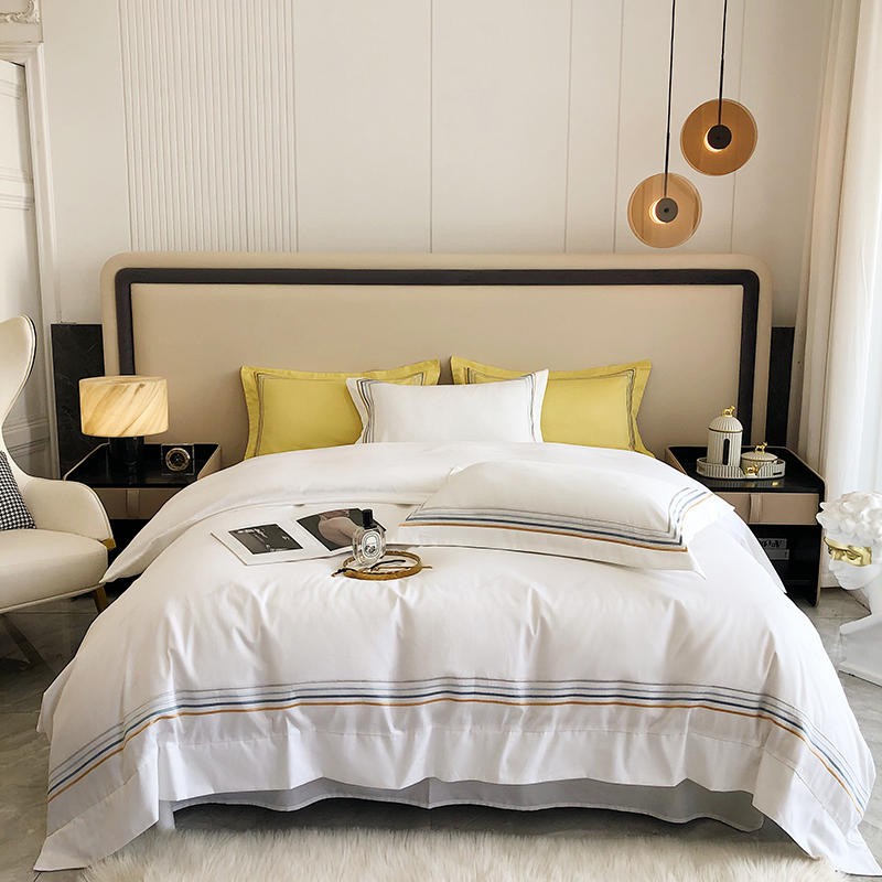 Fleur Classic Embroidered Striped Border Egyptian Cotton Duvet Cover Set Duvet Cover Set - Venetto Design White / Double / Fitted Sheet Venettodesign.com