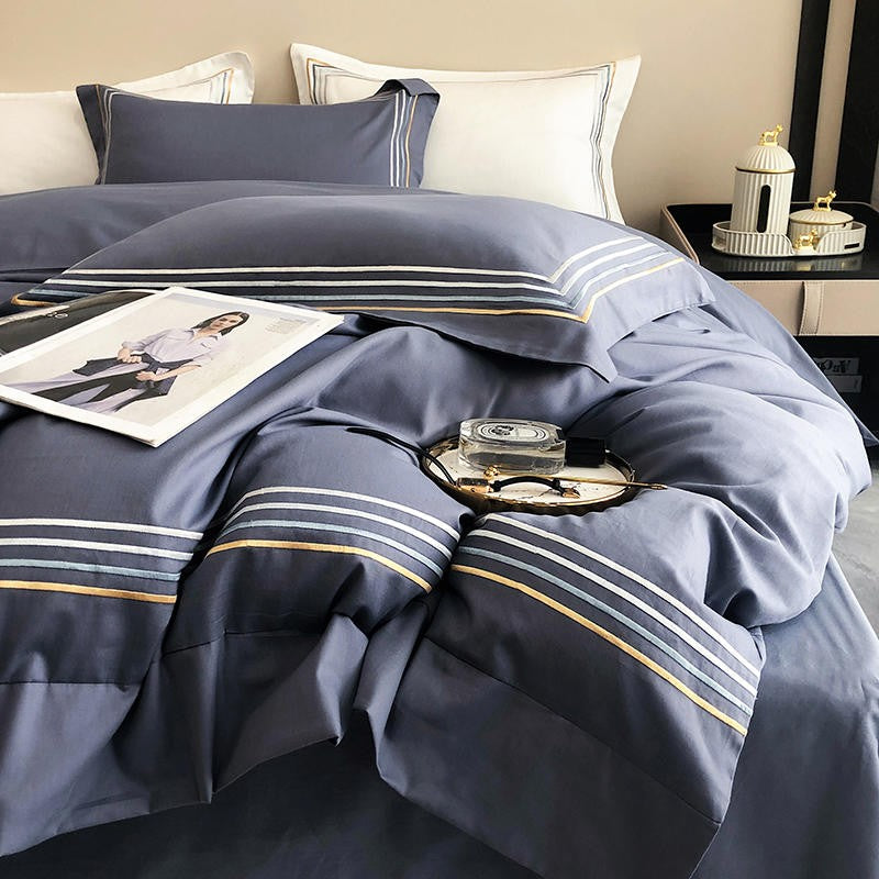 Fleur Classic Embroidered Striped Border Egyptian Cotton Duvet Cover Set Duvet Cover Set - Venetto Design Venettodesign.com