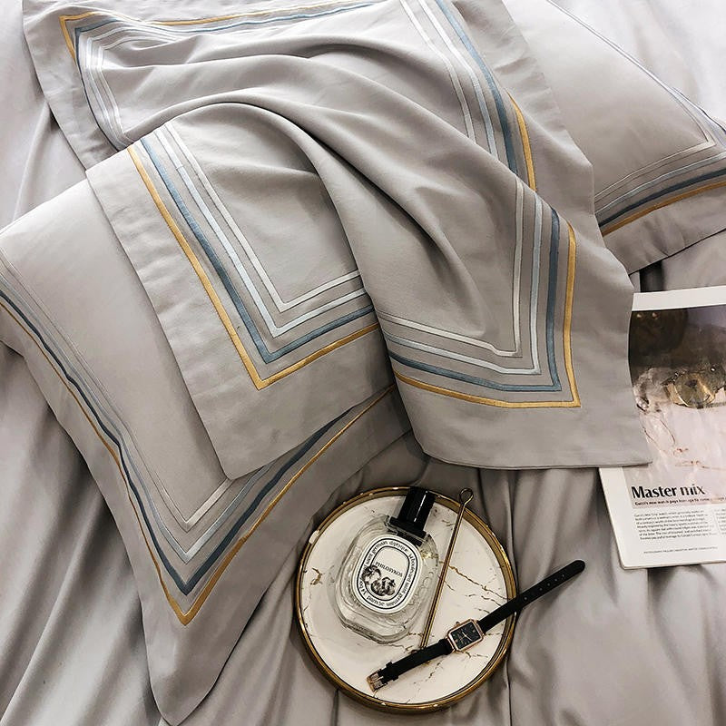 Fleur Classic Embroidered Striped Border Egyptian Cotton Duvet Cover Set Duvet Cover Set - Venetto Design Venettodesign.com